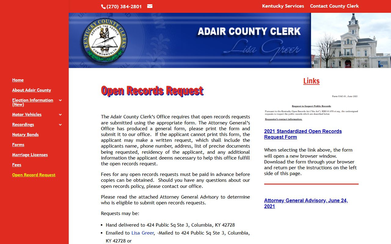 Adair County Circuit Court Clerk records open records request
