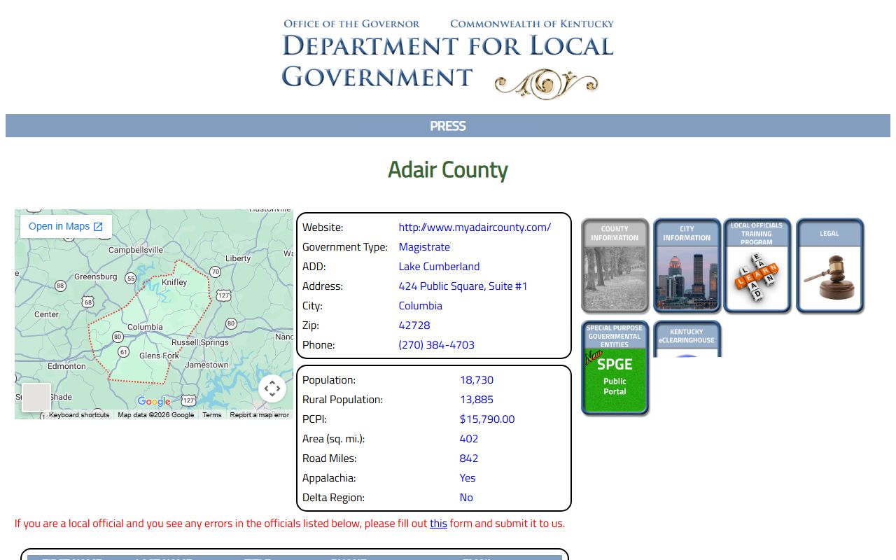 Adair County inmate records Kentucky DLG jailer directory