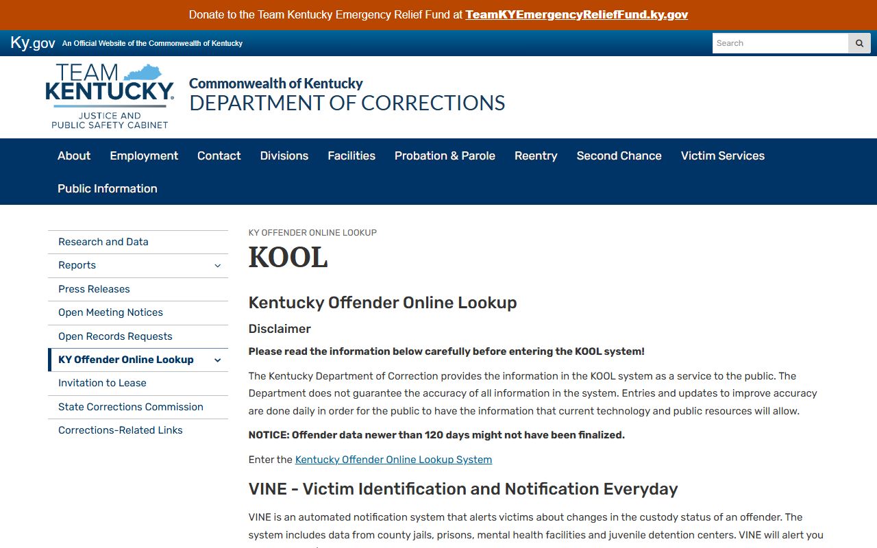 Adair County inmate records Kentucky DOC KOOL information
