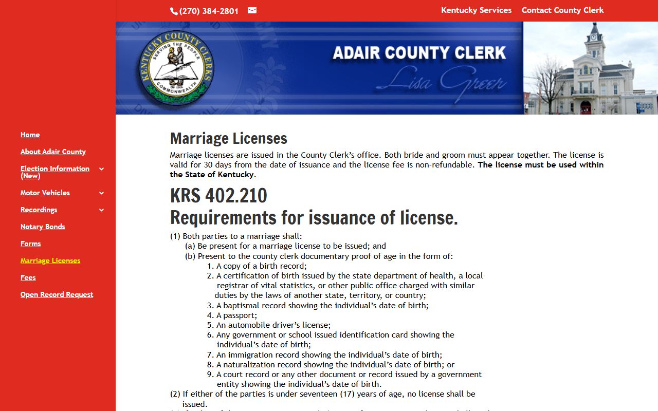 Adair County marriage records license page
