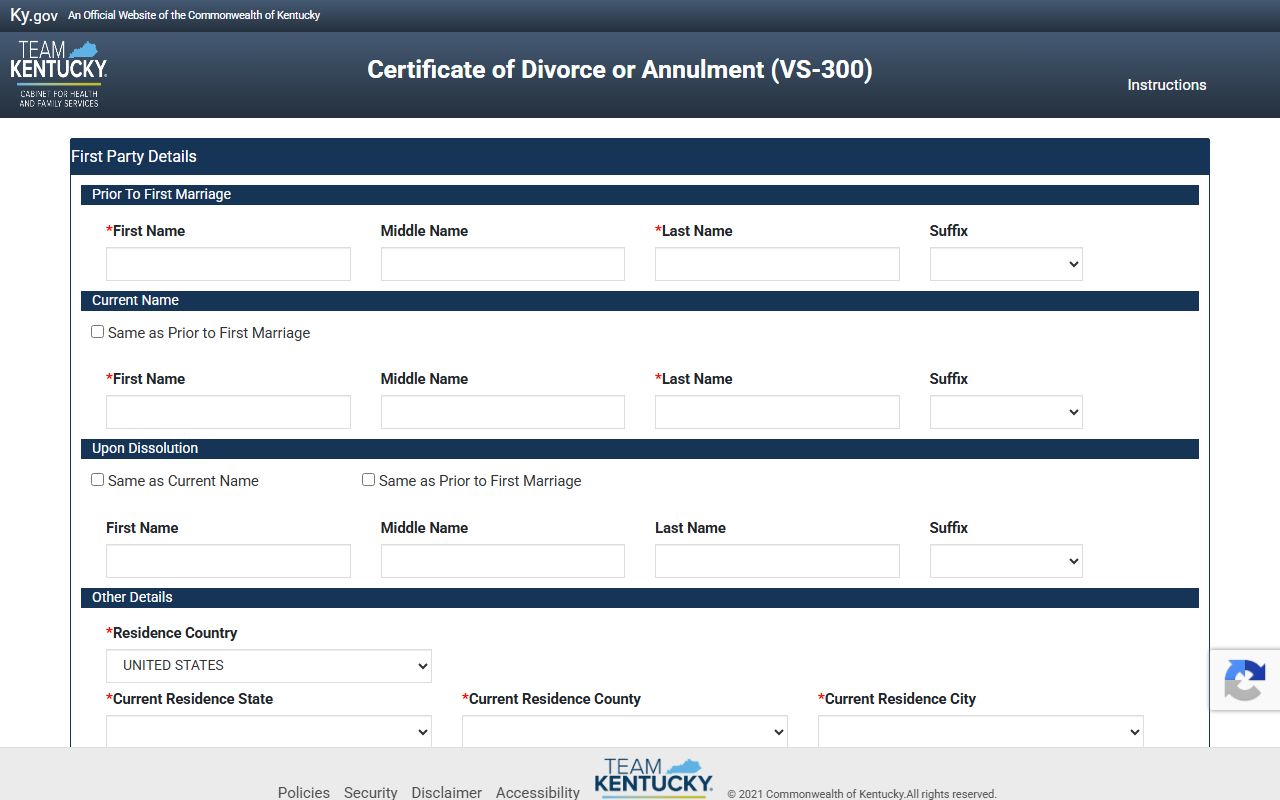 Adair County divorce records Kentucky VS-300 divorce certificate form