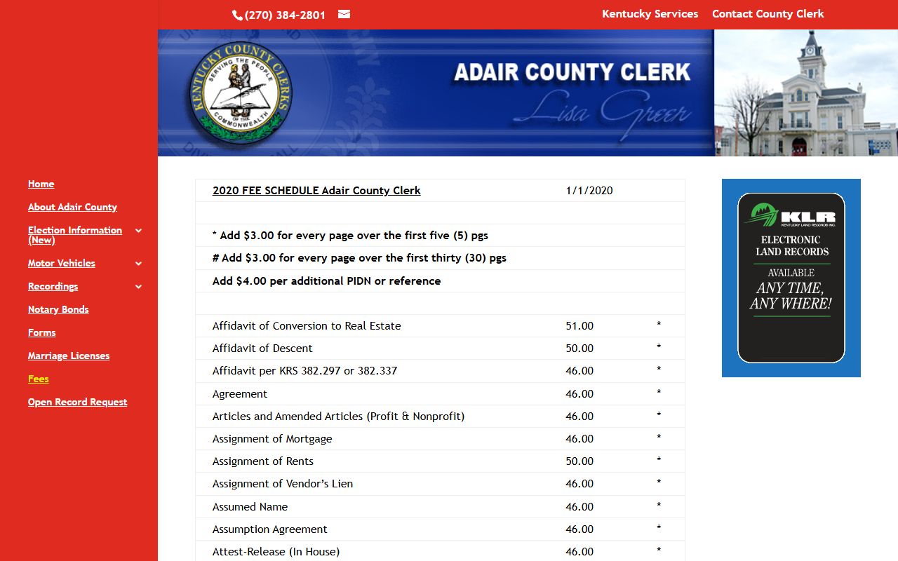 Adair County probate records clerk fee schedule
