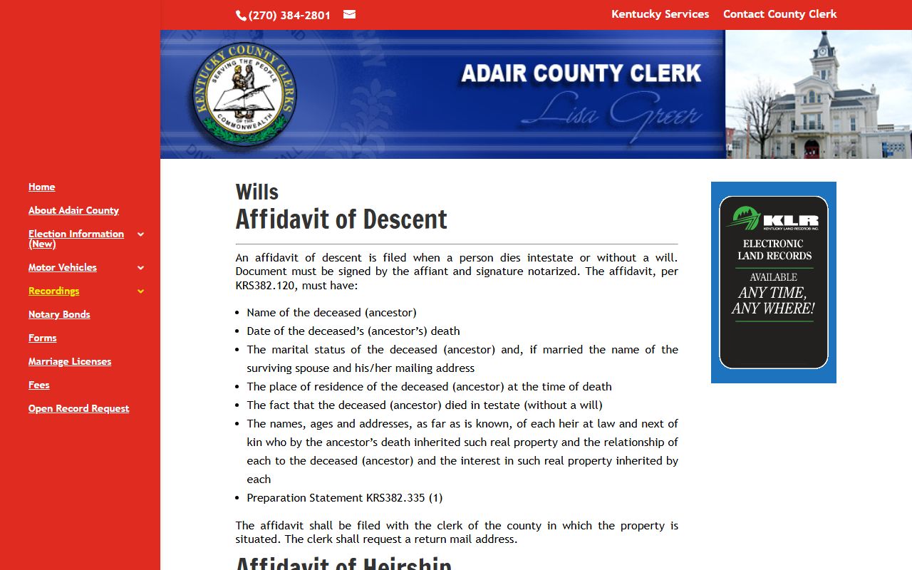 Adair County probate records wills recording page